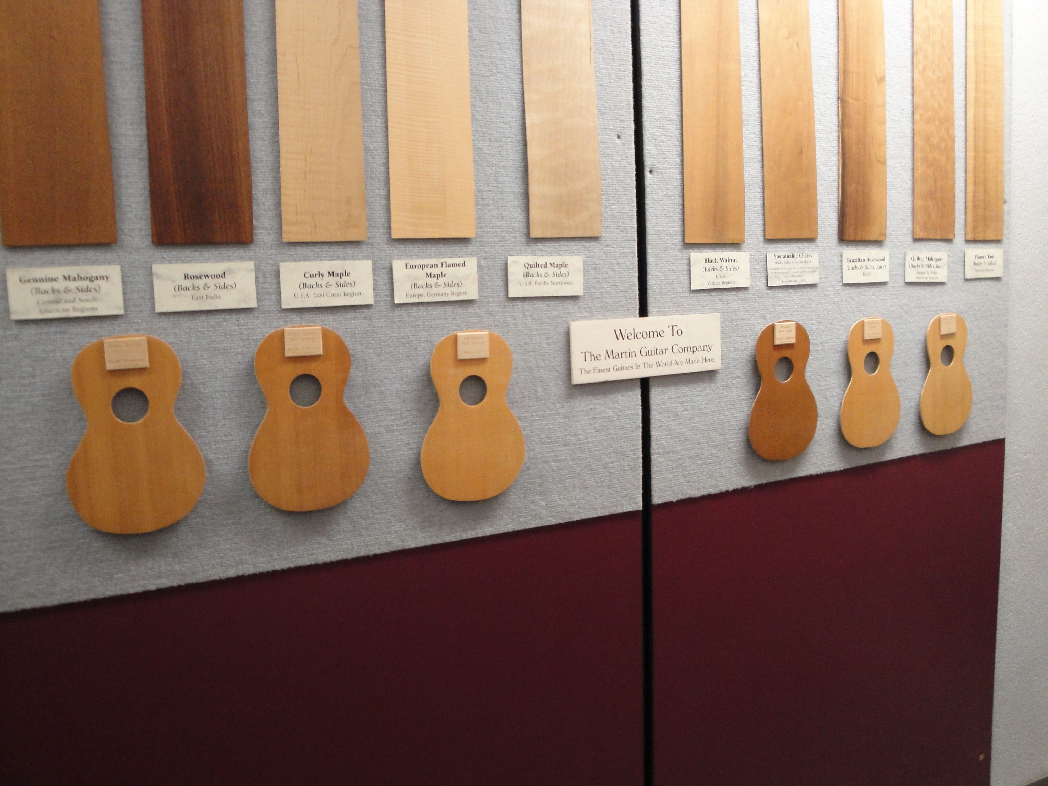 Wood display at the C.F. Martin Guitar Factory in Pennsylvania. The “Quilted Maple” panel is cut from a bigleaf maple tree. Photo by Alex Harden/Flickr